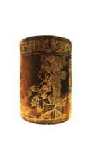 Late Classic, 600-900 AD Maya black cylindrical vessel, with a fine line incised scene that depicts an enthroned lord and seated figure from near Xcalumkin in the Puuc region, N. Campeche, Mexico. png