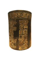 Late Classic, 600-900 AD Maya black cylindrical vessel, with a fine line incised scene that depicts an enthroned lord and seated figure from near Xcalumkin in the Puuc region, N. Campeche, Mexico. png