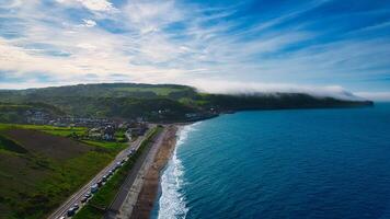 Aerial view of coastal landscape with road and misty horizon in Sandsend, Yorkshire photo