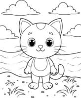 sonriente gato en el playa, vacaciones colorante página para niños vector