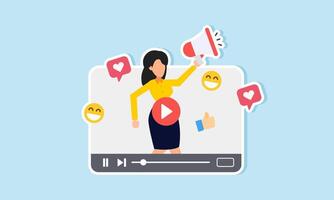 marketing livestreams, influencer ads, and digital campaigns to promote brands, concept of Confident woman uses megaphone on media player vector