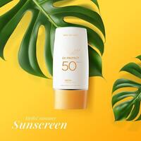 verano protector solar para piel protección, realista cosmético botella burlarse de arriba. vector