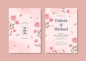 Romantic pink wedding invitation template with watercolor flower vector