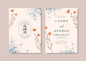 Wedding invitation template with watercolor orange flower vector