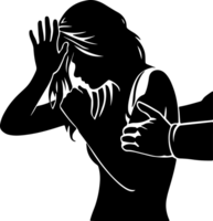 Silhouette of a woman in distress, shielding herself with a hand on her shoulder, symbolizing fear and vulnerability. png