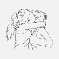 Continuous one line drawing of two best friends hugging. Editable stroke. Graphic illustration. vector