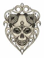 Art vintage mix skull design by hand drawing on paper. vector