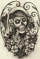 Sugar skull day of the dead design by hand drawing on paper. vector