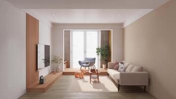 animation of a modern minimalist loft living room with a door balcony, The room features a hardwood floor, white walls, and panel with a coach video