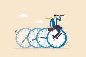 Time management, vision or effort to manage project and foresee problem or opportunity, work deadline or timer countdown, progress or development concept, businessman riding time passing clock. vector