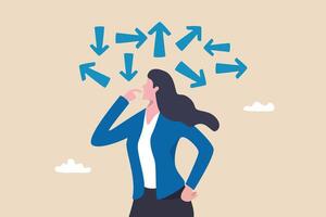Tough decisions, choosing career path, make choices or think about final result, business directions challenge, confusion or decide options concept, businesswoman thinking and make business decisions. vector