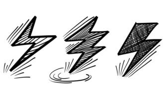 Set of electric lightning, thunder bolt in doodle style. isolated on white background vector