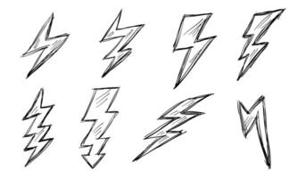Set of electric lightning, thunder bolt in doodle style. isolated on white background vector