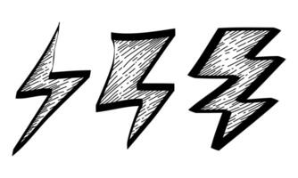 Set of electric lightning, thunder bolt in doodle style. isolated on white background vector