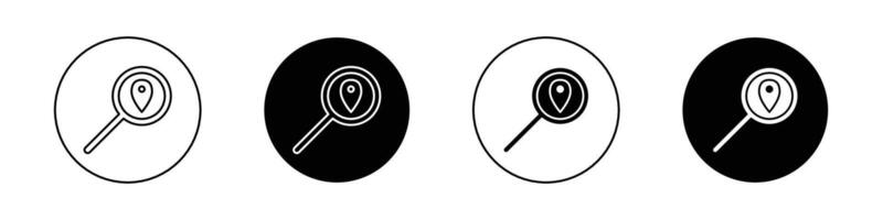 Search Location icon set. find place location pin with magnify glass symbol in black filled and outlined style. vector