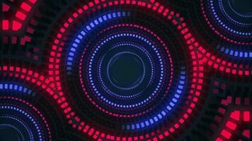A circle of blinking neon colored blue and red glowing digital data lights - retro technology background. video