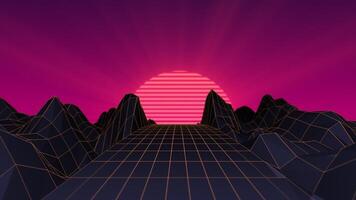 Années 80 rétro futuriste synthwave style Contexte. nuit route voyage dans le le coucher du soleil avec embrasé néon couleurs et morphing faible poly terrain. video