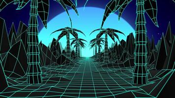 Loopable animation of synthwave landscape with blue neon lights, shining sunset, starry sky, glowing wireframe net and palm trees. Abstract background in retro futuristic style. Loop , 4k , 60fps video