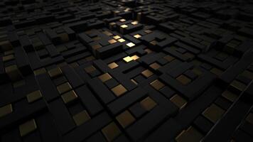 Dark black and golden abstract background with plenty of randomly floating three-dimensional blocks. Realistic luxury wallpaper for business, finance and commercial success. 3D Render, 4k, 60fps video