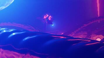 Fantastic alien planet orange landscape with organic metal arcs and with light cores and a central core. 3d animation visuals, seamless and loop with a 4k resolution. video