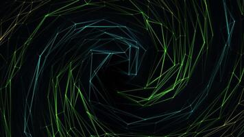 Loop animation with glowing blue and green connected lines and dots in a shape of swirl. Abstract plexus background with digital data network connectivity and programming nodes. Looped 4k, 60fps video