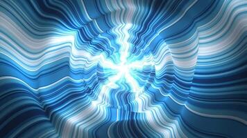 Liquid tunnel made of white and blue stripes with bright shiny rays of light in center. Digital animation of flying through abstract space with smoothly morphing psychedelic patterns. 4k , 60 fps video