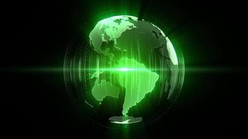 abstrakt Grün Hologramm von das Erde mit Digital Muster und hell glühen Wirkung. Schleife Hintergrund zum Welt breit Netz, global Netzwerk Verbindungen und Internet Technologien. geloopt , 4k , 60 fps video