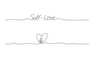 Continuous line art of a heart with flower and self-love hand lettering. vector