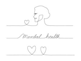 Continuous line art of a person with heart symbol and mental health hand lettering. vector