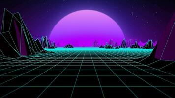 Trendy retro futuristic background with desert landscape, mountains, digital glowing grid, blue and purple neon lights and shiny sunset. Retrowave game animation in the old style. 4k, 60 fps video