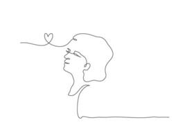 Continuous line art of a person with heart symbol, self love concept. vector