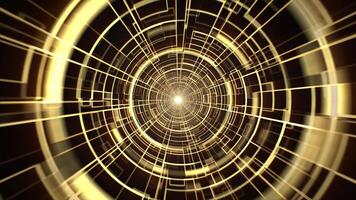Abstract cyberspace tunnel made of glowing yellow digital elements. Futuristic background for computer science, internet connections, modern technologies and artificial intelligence. 4K , 60 fps video