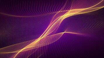 Loop animation of yellow particle waves slowly floating on a dark purple background. Animated screensaver for computer science, digital technology and artificial intelligence. Looped , 4k, 60 fps video