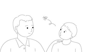 Father talking with ADHD son, he having a short attention span and being easily distracted. ADHD symptom concept in outline. vector