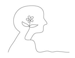 Continuous line art of a person with a flower, mental health concept. vector