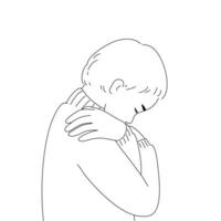Hand drawn a boy hugging self in outline. vector