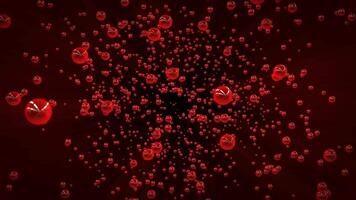 abstrakt rot Luftblasen Hintergrund mit fliegend durch ein viel von transparent Kugeln. dunkel unter Wasser 3d Animation zum Medizin, Biologie, modern Technologien und organisch Wissenschaft. 4k , 60 fps video