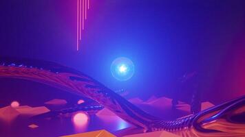 Fantastic alien planet orange landscape with organic metal arcs and with light cores and a central core. 3d animation visuals, seamless and loop with a 4k resolution. video