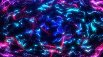 Abstract digital dynamic particle waves with light motion lights background, data flow, cyber technology. 3D rendering. Seamless loop 4k . Screensaver animation video