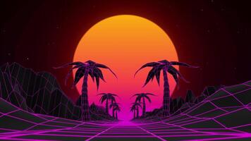 Seamless loop animation of synthwave landscape with pink neon lights, glowing wireframe net, palm trees and shiny red sunset. Retro wave background in futuristic style of the 80s and 90s. 4k , 60 fps video