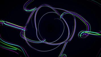 senza soluzione di continuità ciclo continuo animazione di buio sfondo con luminosa neon raggi, raggiante Linee e morphing psichedelico modelli. liscio strisce a caso in movimento al di sopra di nero sfondo. loop , 4k , 60 fps video