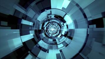 Flying in blue tunnel with smoothly morphing digital glitch elements and bright light effect. Abstract background for fiber connections, big data stream, internet, space and science fiction. 4k 60 fps video