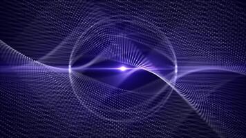 nahtlos Schleife Animation von fließend abstrakt Partikel Felder und rotierend Kugel gestalten auf ein dunkel Hintergrund mit scheinen und glühen Auswirkungen. 3d Bildschirmschoner mit Energie Macht Wellen. geloopt , 4k, 60 fps video