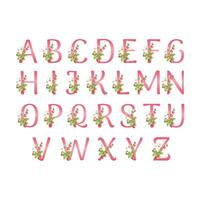 Red Alphabet set with watercolor strawberry, leaves, flowers and vector