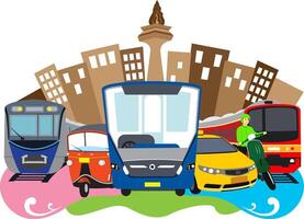 Illustration of transportation in Jakarta with various vehicle models vector