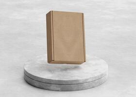Floating Cardboard box on the rock pedestal with texture use for mockup photo