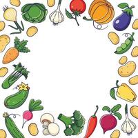 Autumn vegetables harvest square frame. Autumn time postcard template. Fall veggies frame in doodle style. Cartoon illustration, decor frame. Copy space vector