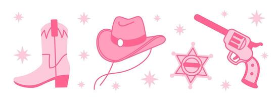 Sheriff Pink core fashion elements set. Cowgirl hat, handgun, sheriff badge. Cowboy western and wild west theme bundle. Hand drawn illustration. vector