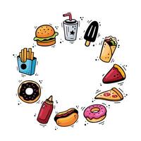 Hand drawn fast food round frame, copy space template. Sketch of snack elements. Doodle Fast food circular frame. Sketch of snacks. Fast food doodles. Colorful street food. vector