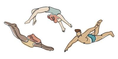 Set of swimming and diving people drawings in boho style. Hand drawn single line icons of man and women doing exercises in water. Contour composition isolated on white background. vector